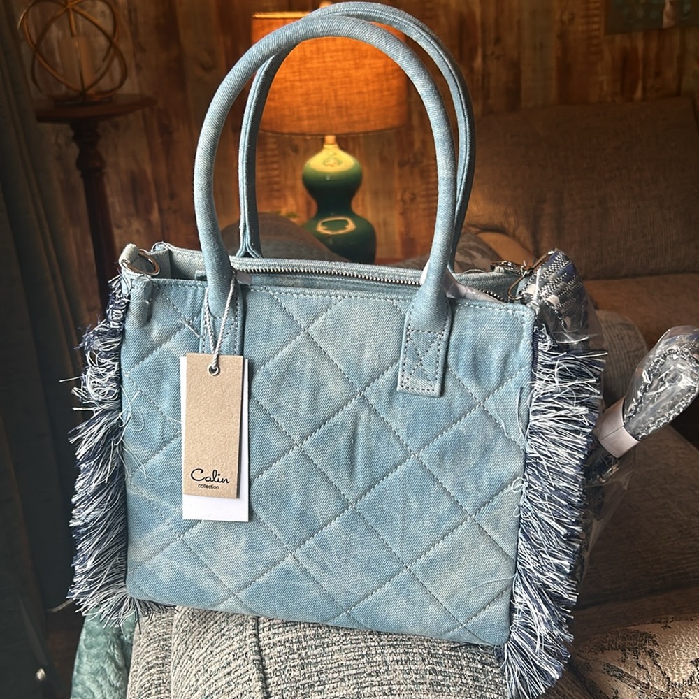 Quilted Fringe Washed Denim Satchel/Crossbody Bag by Colin Internatonal